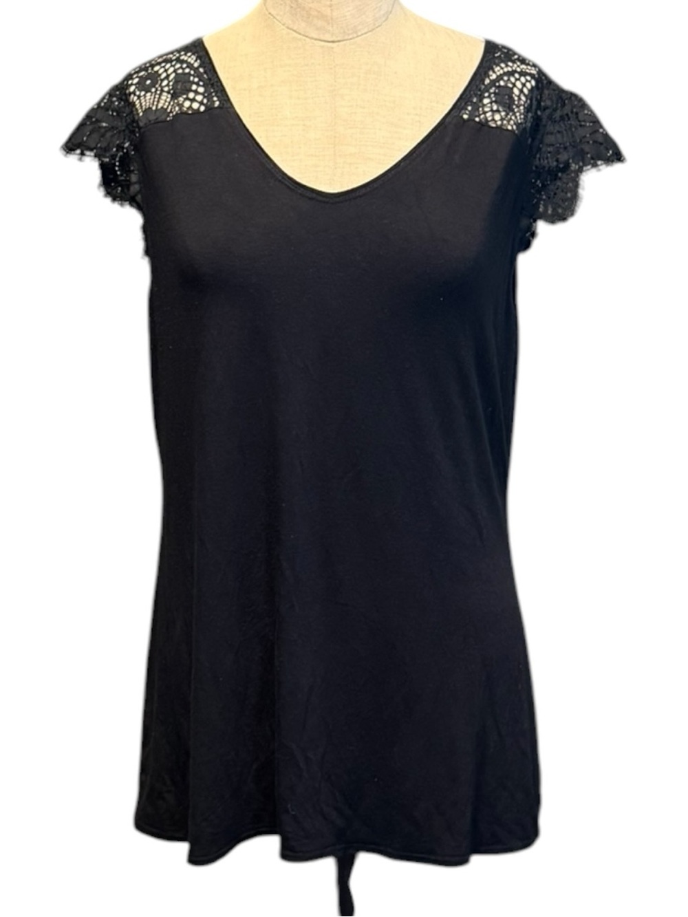 Modern Movement Black Lace Flutter Sleeve Top Womens Large Boho Stretch Blouse